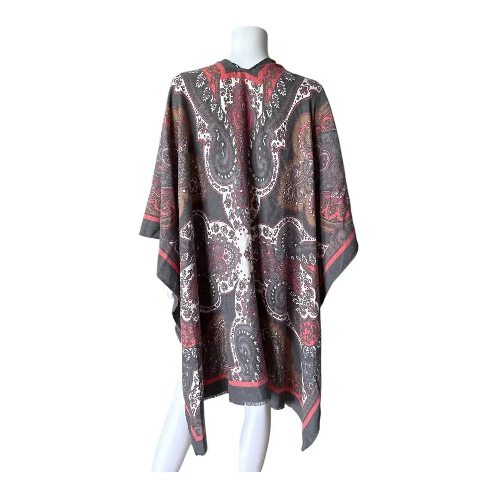 Collection Eighteen Womens One Size Paisley Ruana Wrap Shawl Cap Gray Red White